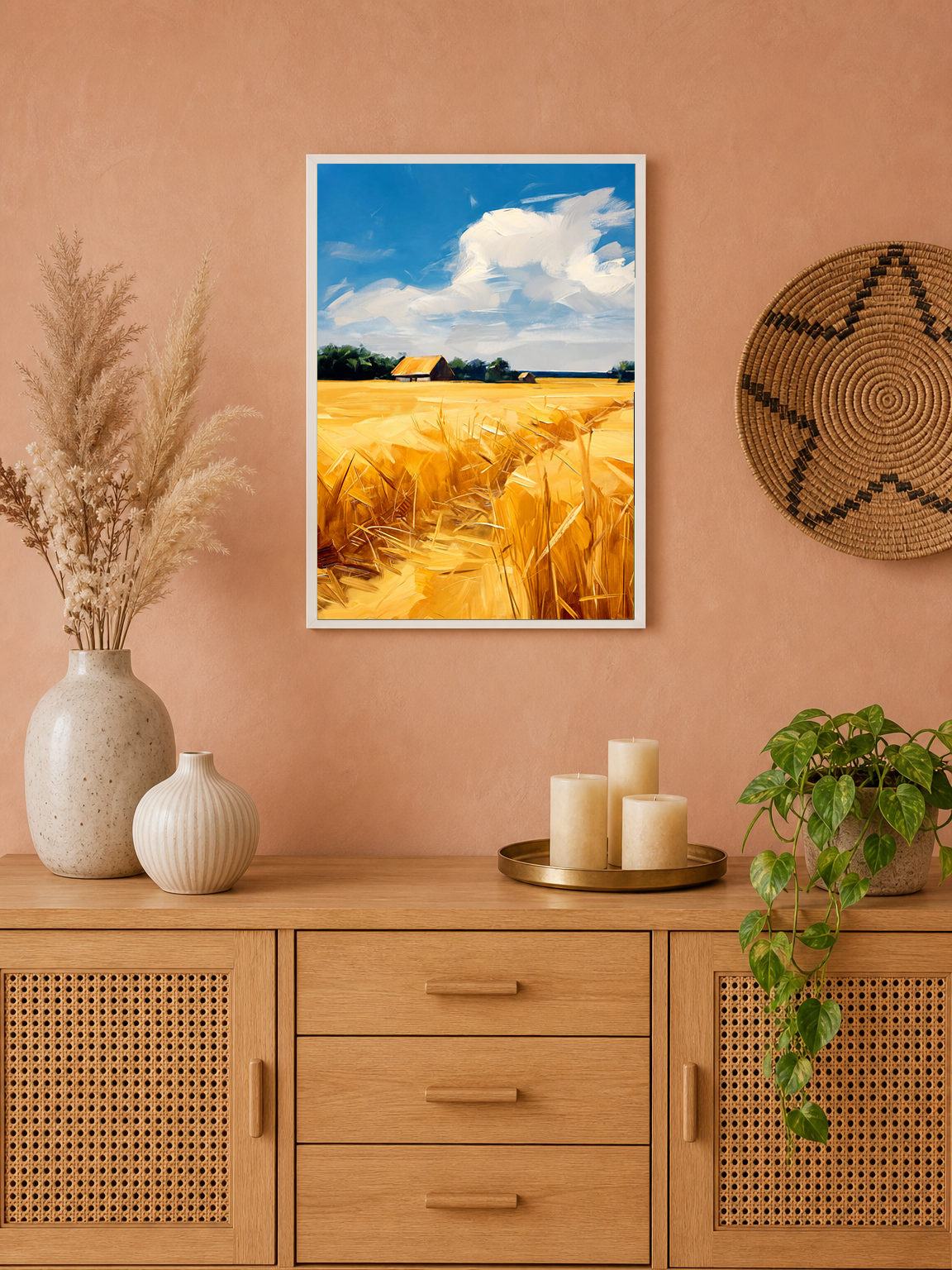 Golden Wheat Field Landscape Wall Art Print - white framed