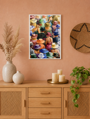 Colorful Crowd in Hats Wall Art Print - white framed