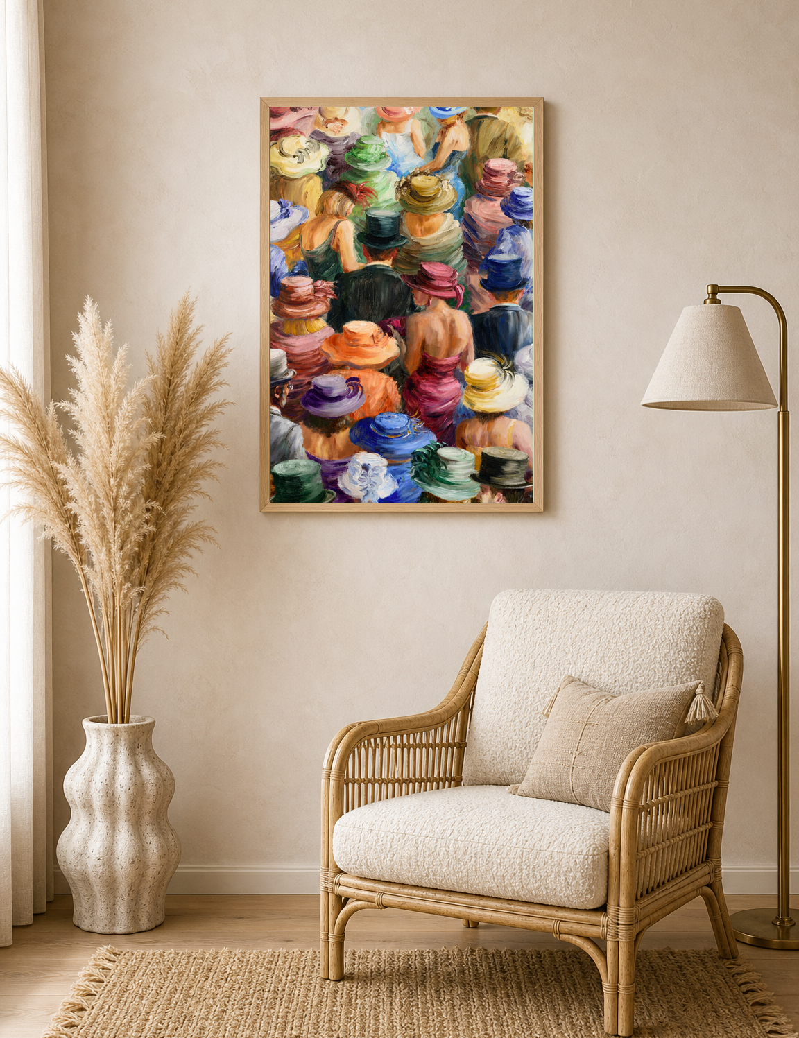 Colorful Crowd in Hats Wall Art Print - wood framed poster