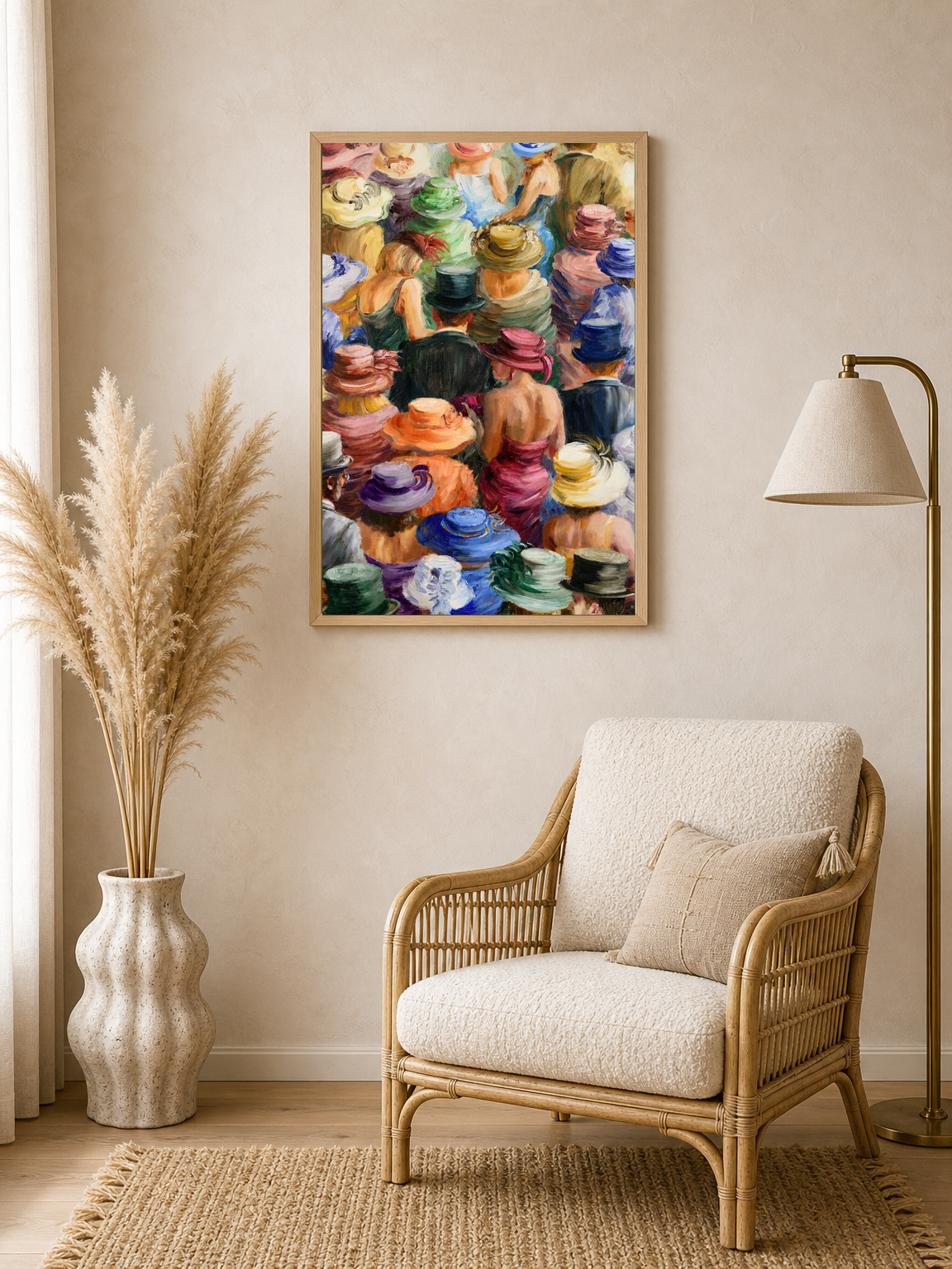 Colorful Crowd in Hats Wall Art Print - wood framed poster