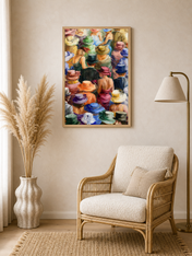 Colorful Crowd in Hats Wall Art Print - wood framed poster