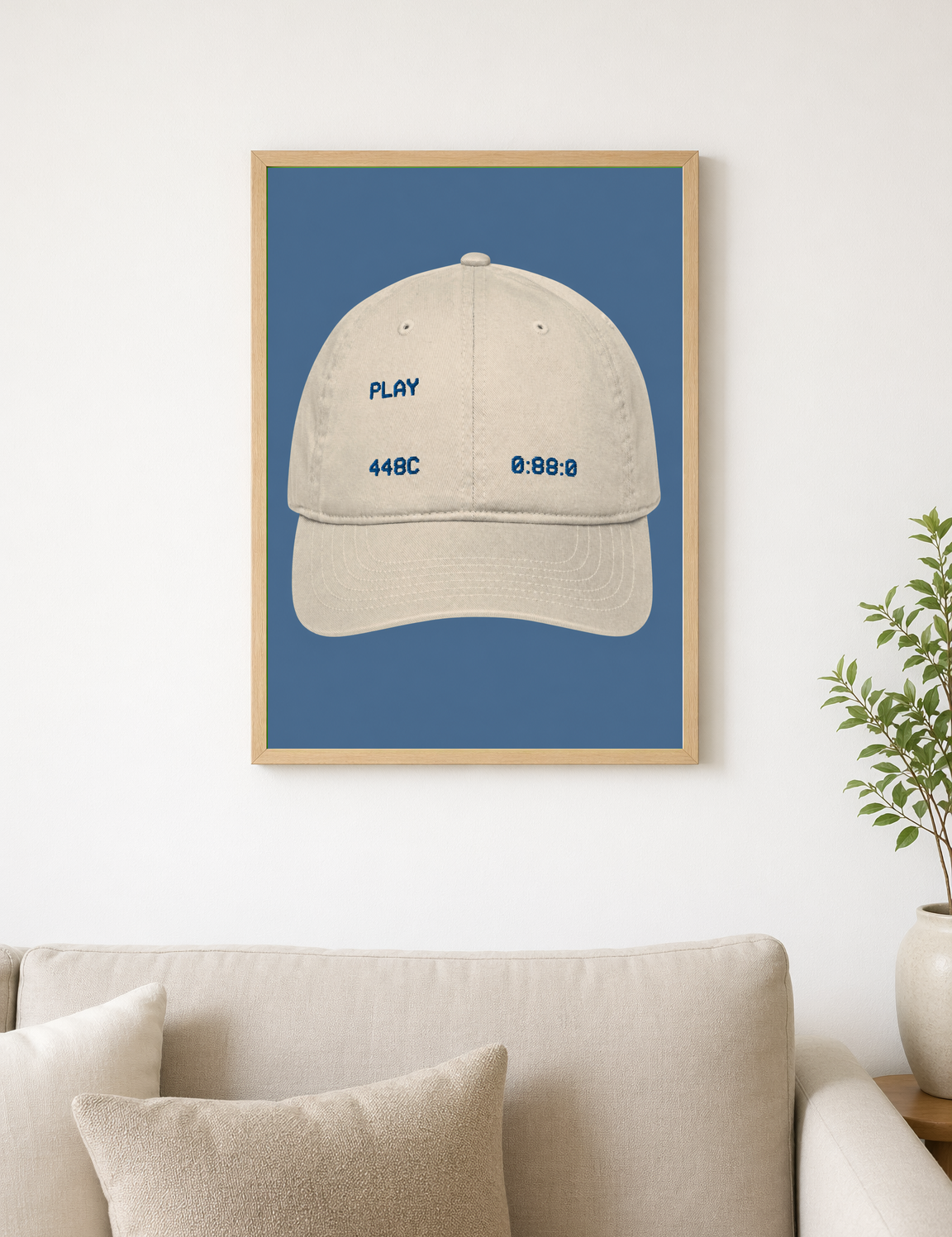 Minimalist Beige Baseball Cap Wall Art Print - wood framed poster