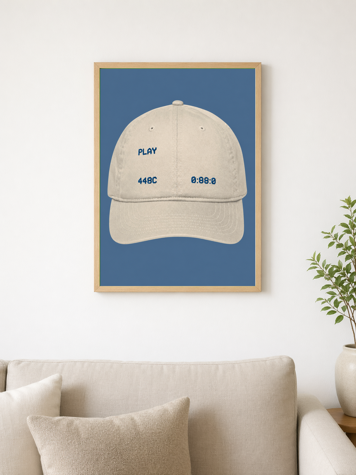 Minimalist Beige Baseball Cap Wall Art Print - wood framed poster