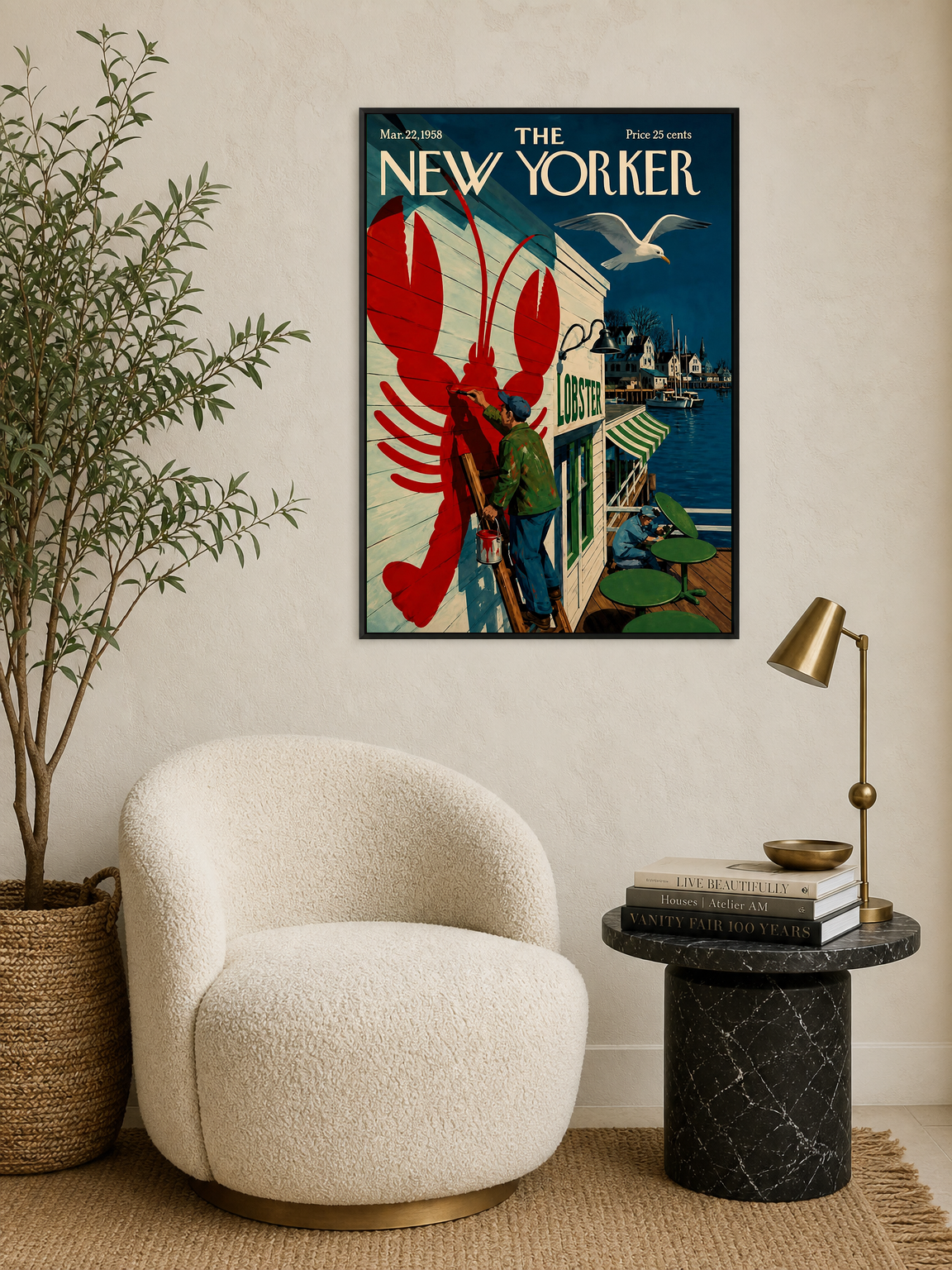 Vintage New Yorker Lobster Dock Wall Art Print - black framed