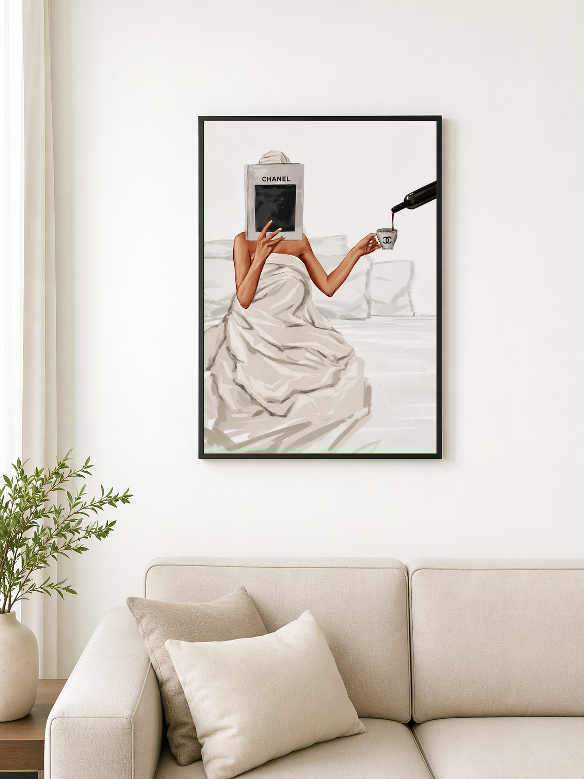 Chanel Book & Wine Fashion Wall Art Print - black framed