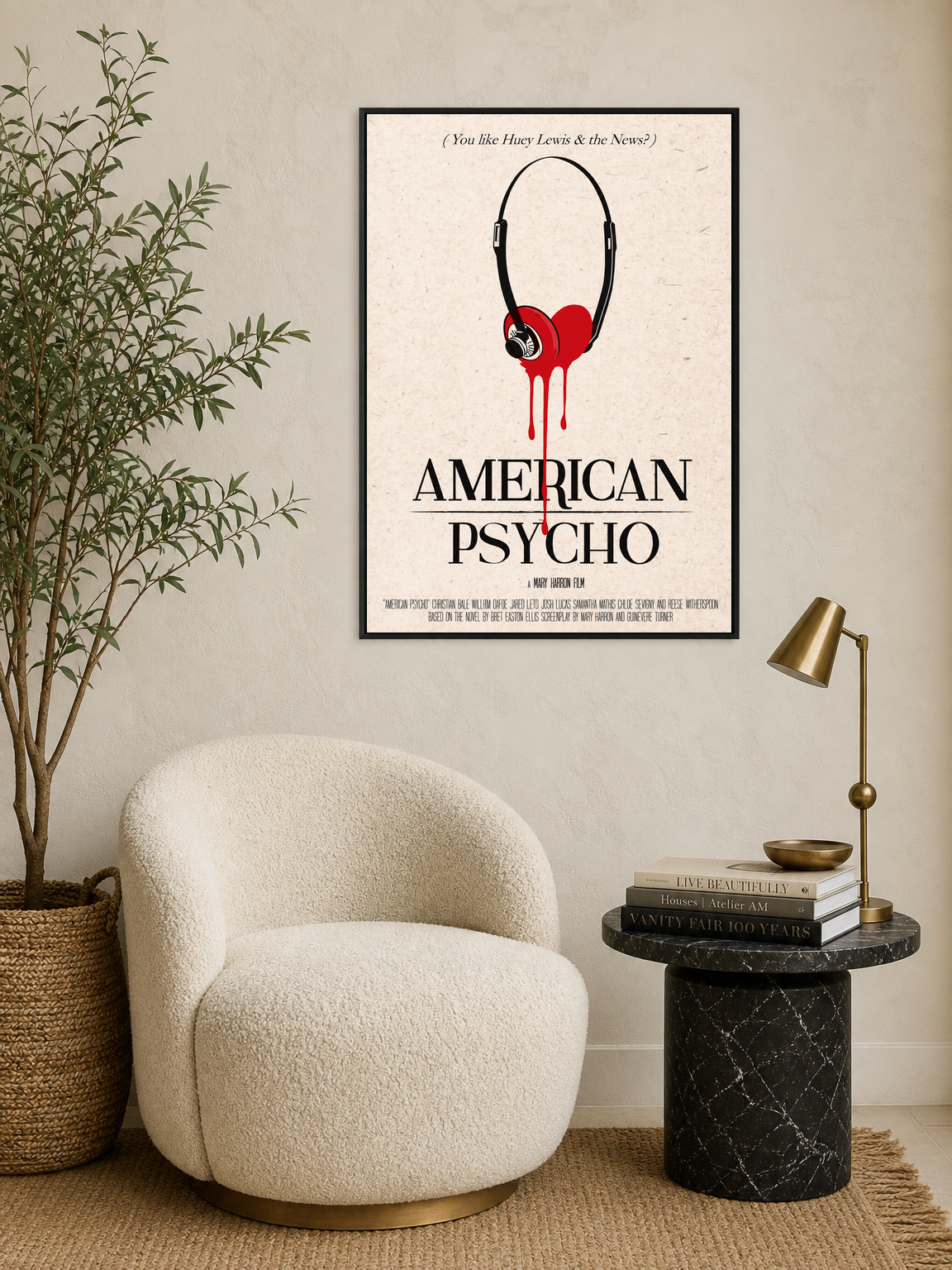 American Psycho Headphones Heart Wall Art Print - black framed