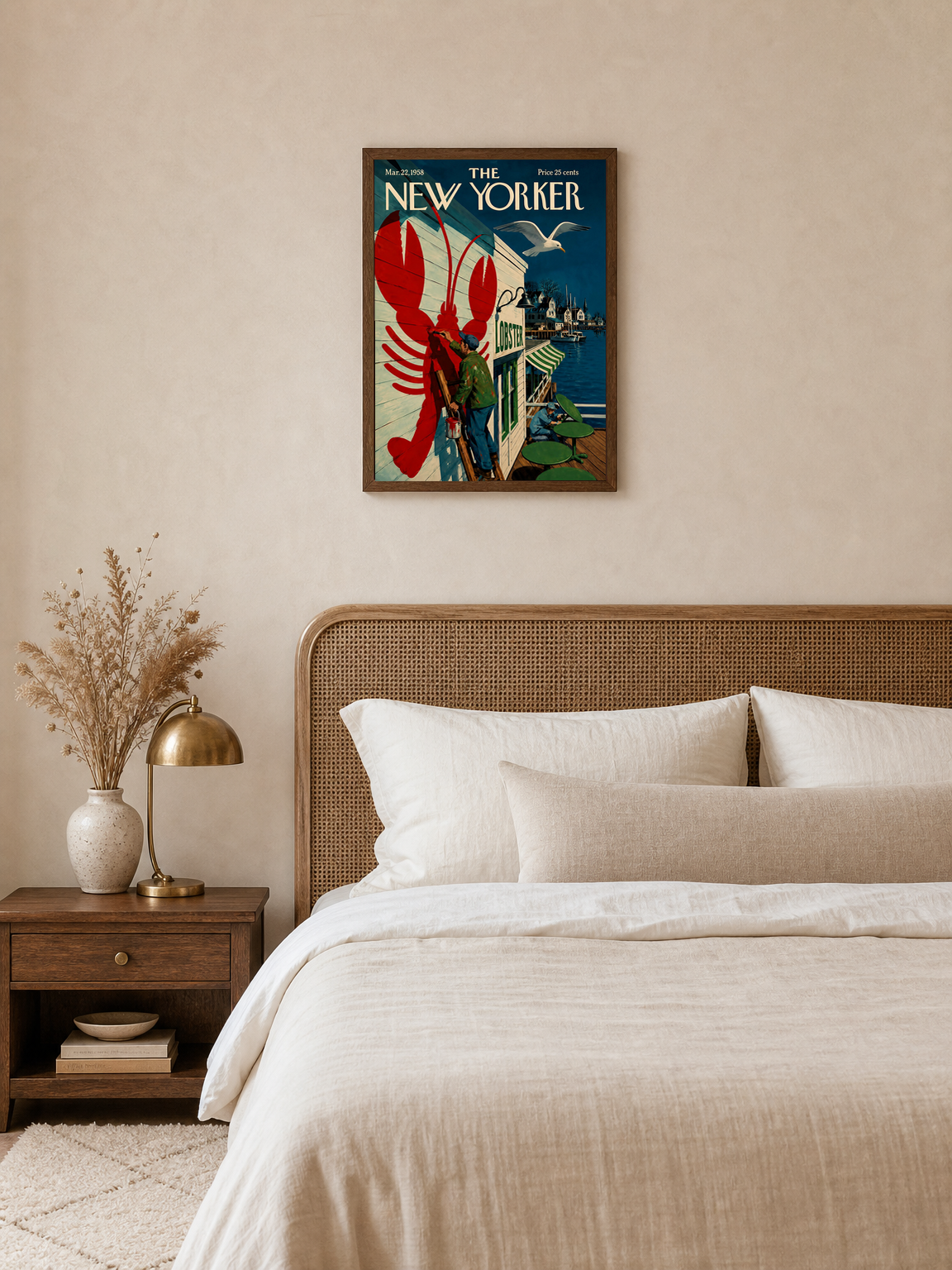 Vintage New Yorker Lobster Dock Wall Art Print - dark wood framed