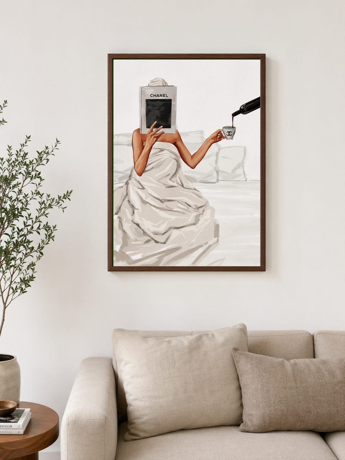 Chanel Book & Wine Fashion Wall Art Print - dark wood framed