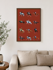 Equestrian Jockeys Horse Racing Wall Art Print - dark wood framed