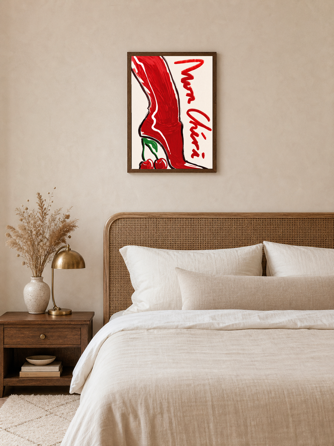 Mon Chéri Red Heeled Boot Wall Art Print - dark wood framed