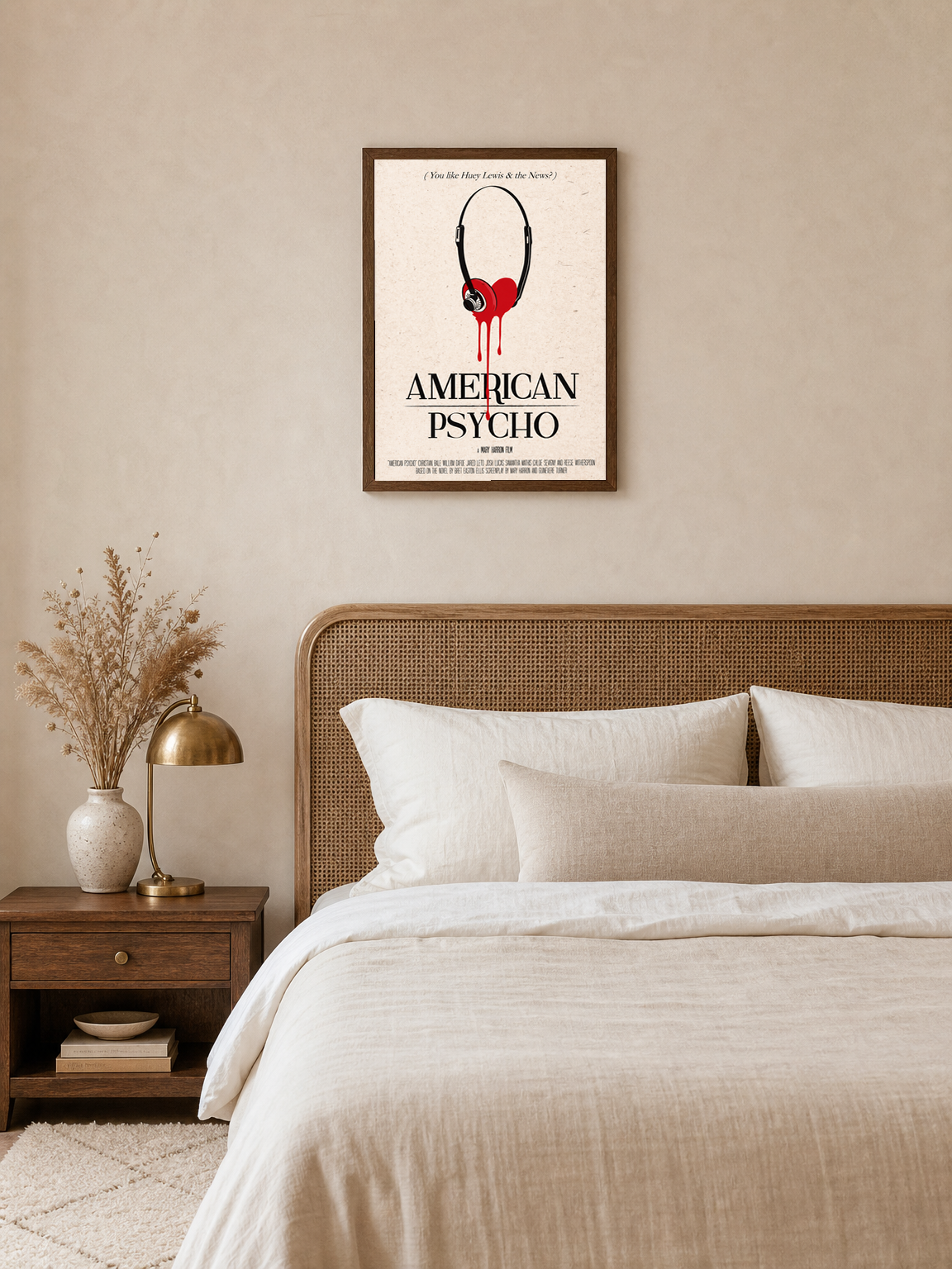 American Psycho Headphones Heart Wall Art Print - dark wood framed