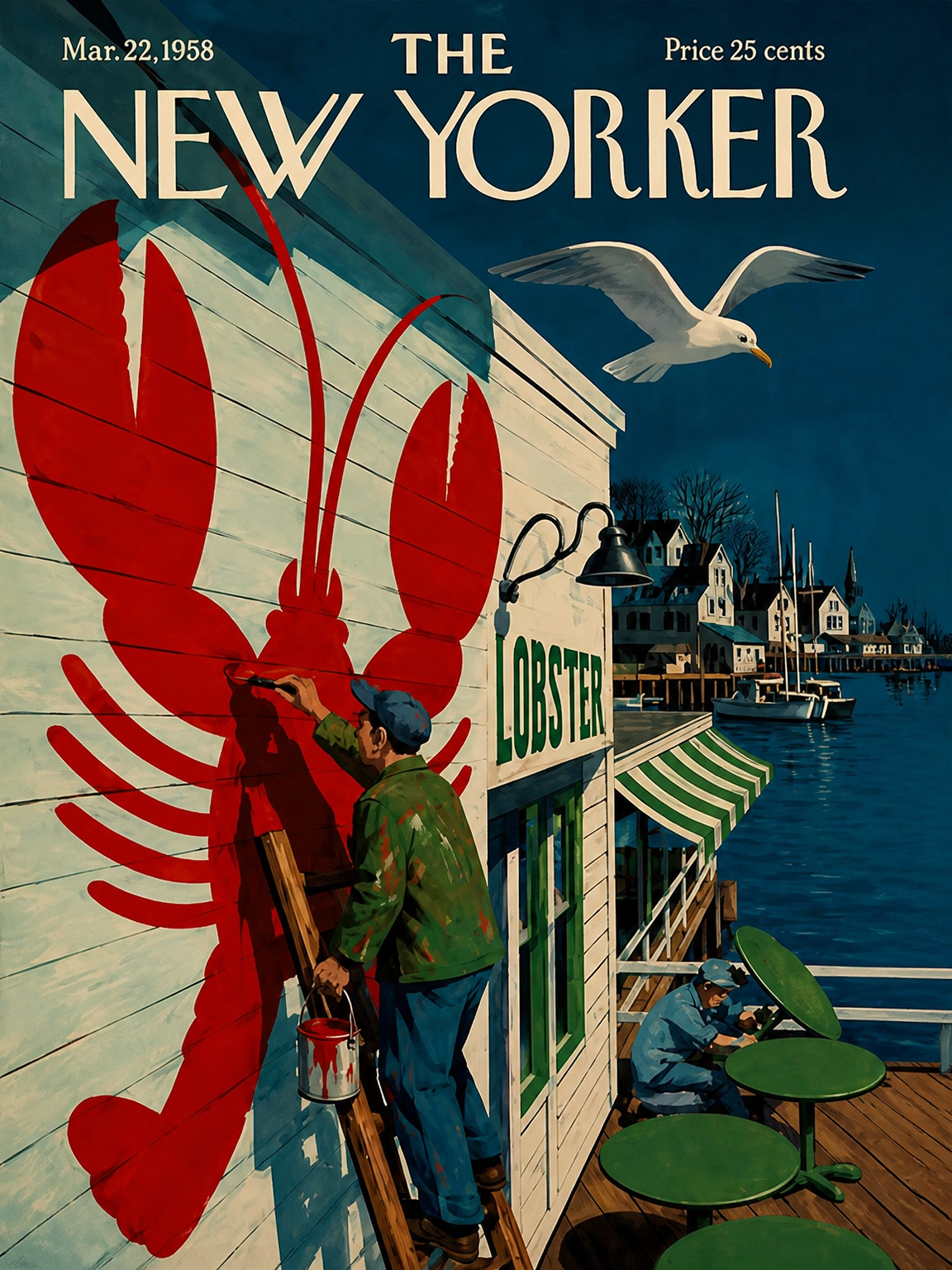 Vintage New Yorker Lobster Dock Wall Art Print - unframed