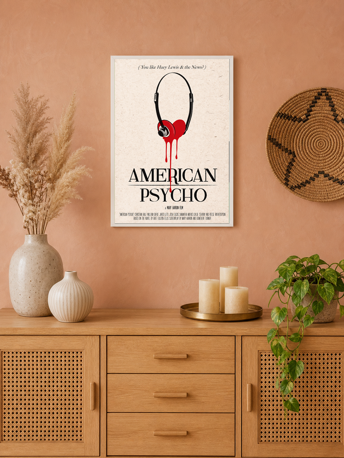 American Psycho Headphones Heart Wall Art Print - white framed