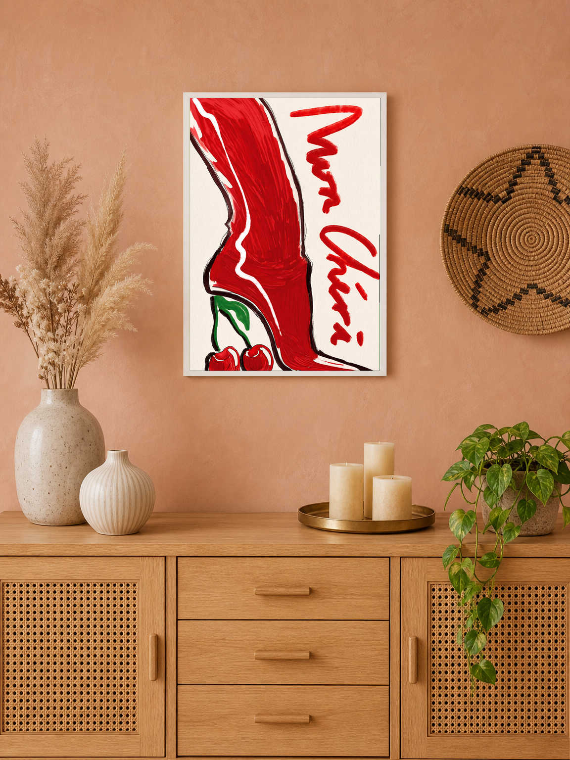 Mon Chéri Red Heeled Boot Wall Art Print - white framed