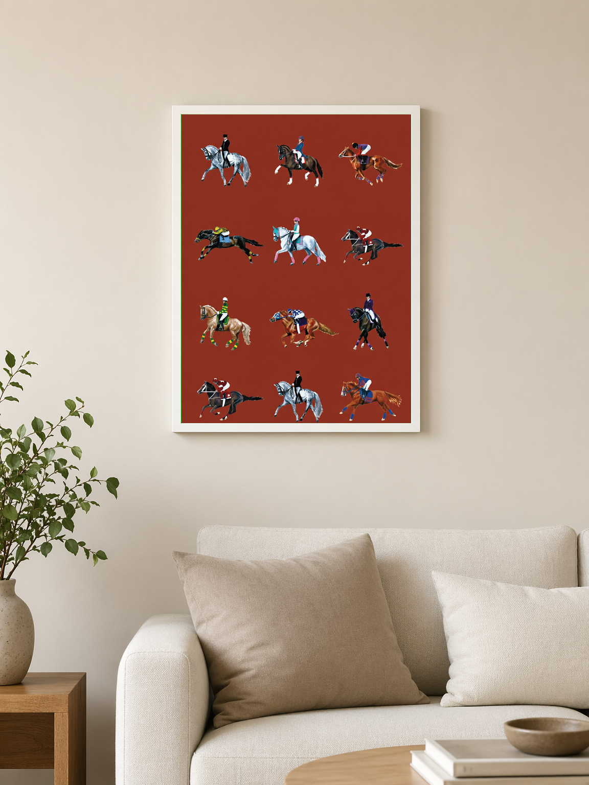 Equestrian Jockeys Horse Racing Wall Art Print - white framed