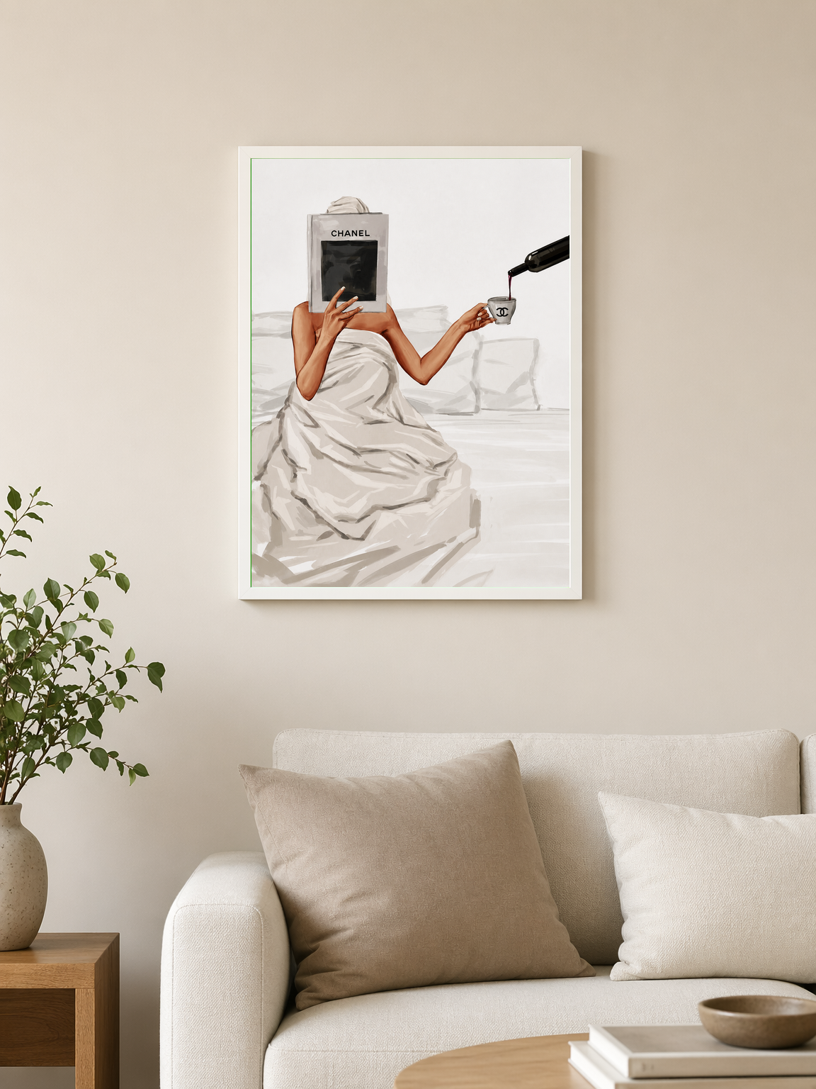 Chanel Book & Wine Fashion Wall Art Print - white framed