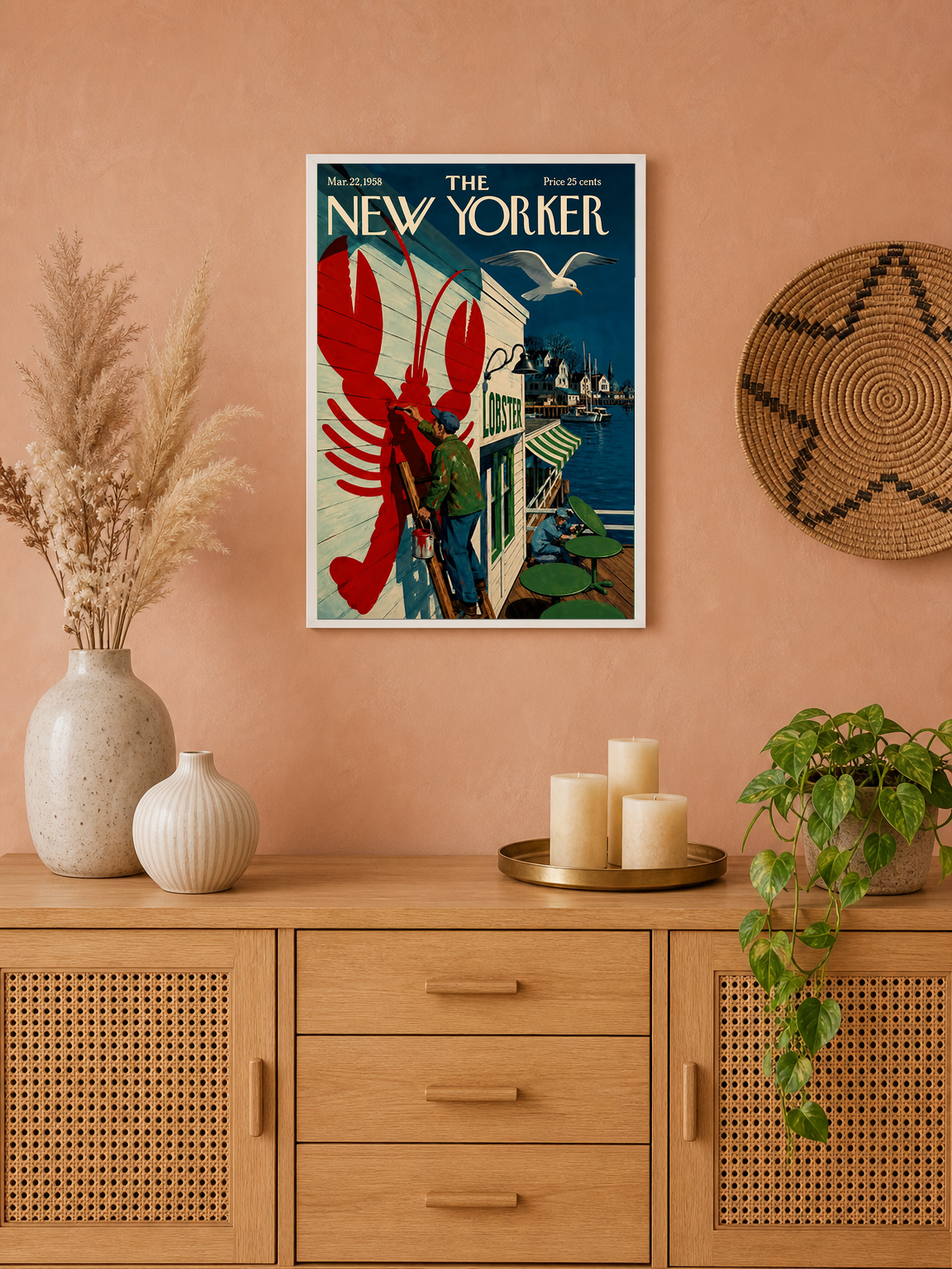 Vintage New Yorker Lobster Dock Wall Art Print - white framed