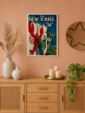 Vintage New Yorker Lobster Dock Wall Art Print - white framed