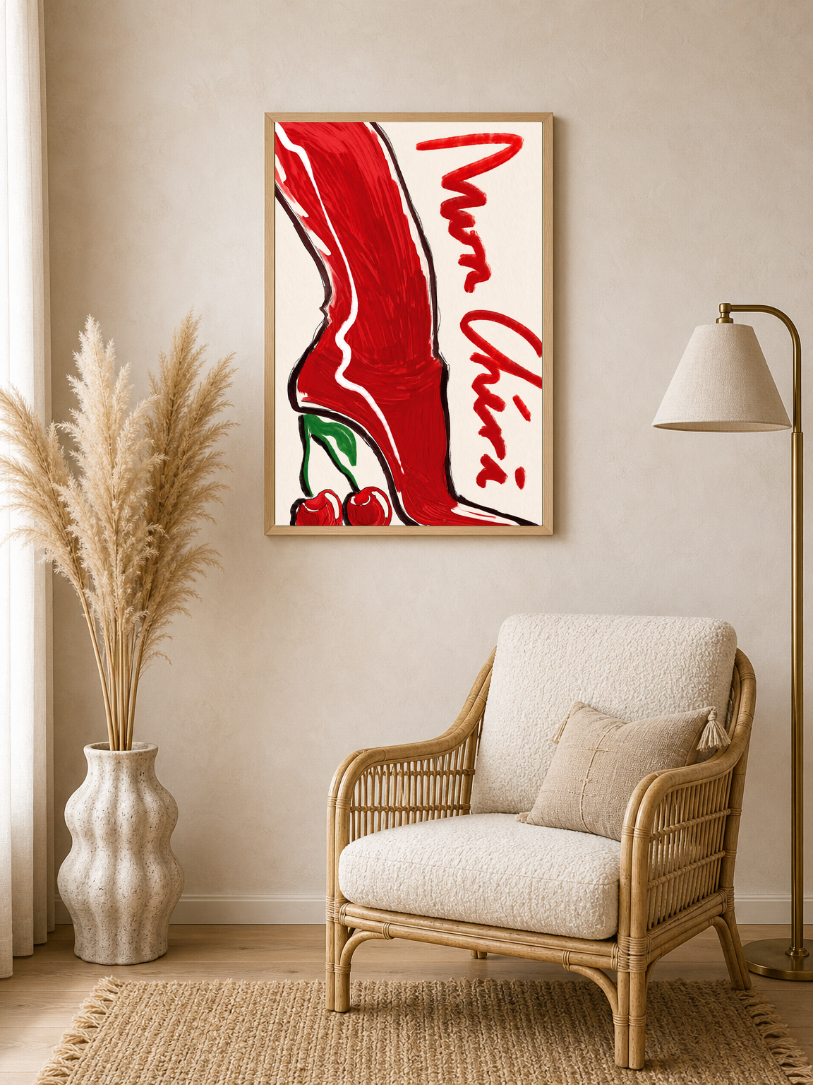 Mon Chéri Red Heeled Boot Wall Art Print - wood framed poster