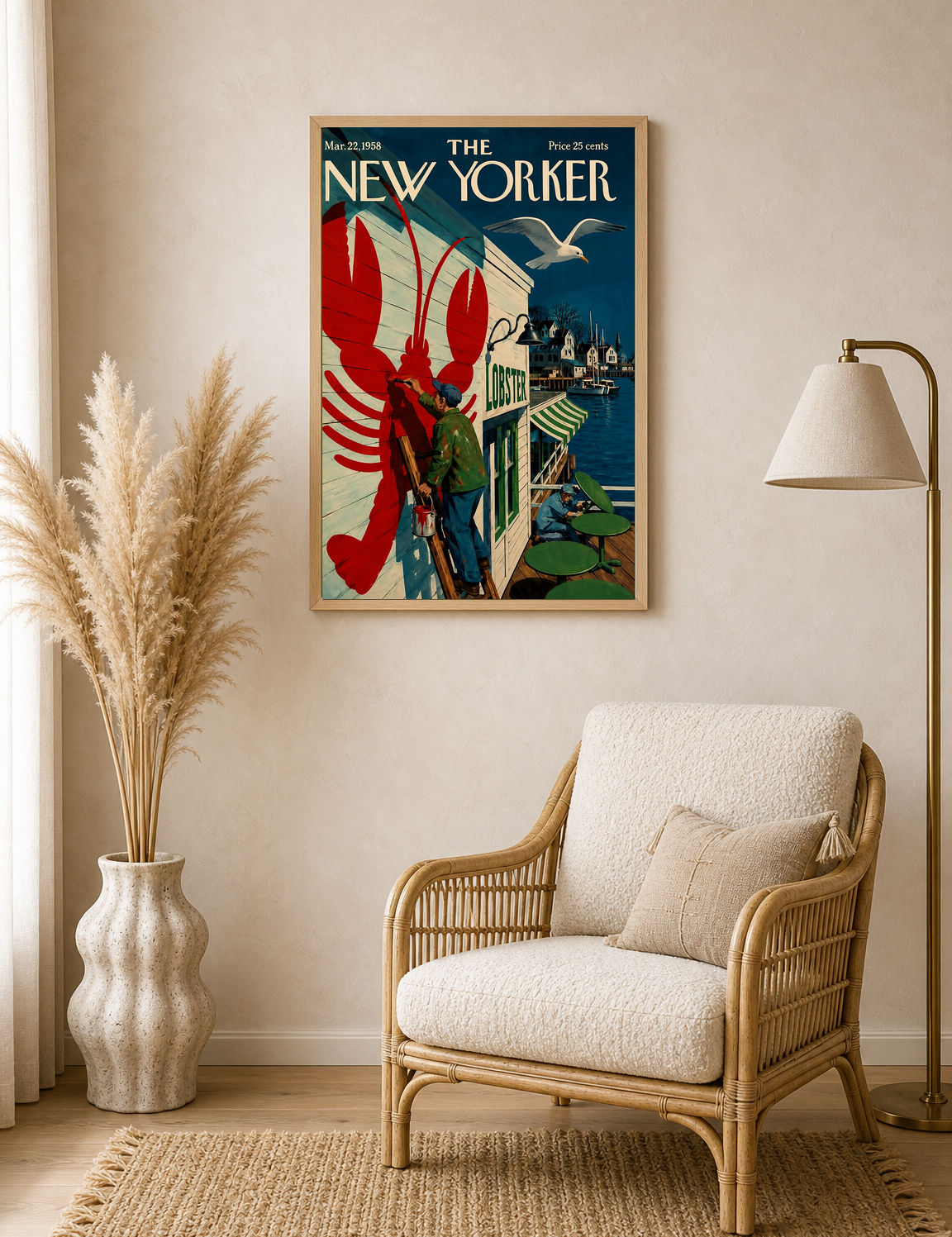 Vintage New Yorker Lobster Dock Wall Art Print - wood framed poster