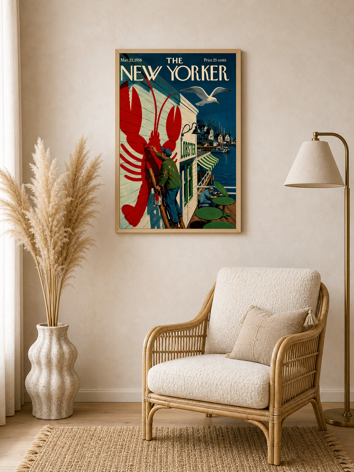 Vintage New Yorker Lobster Dock Wall Art Print - wood framed poster