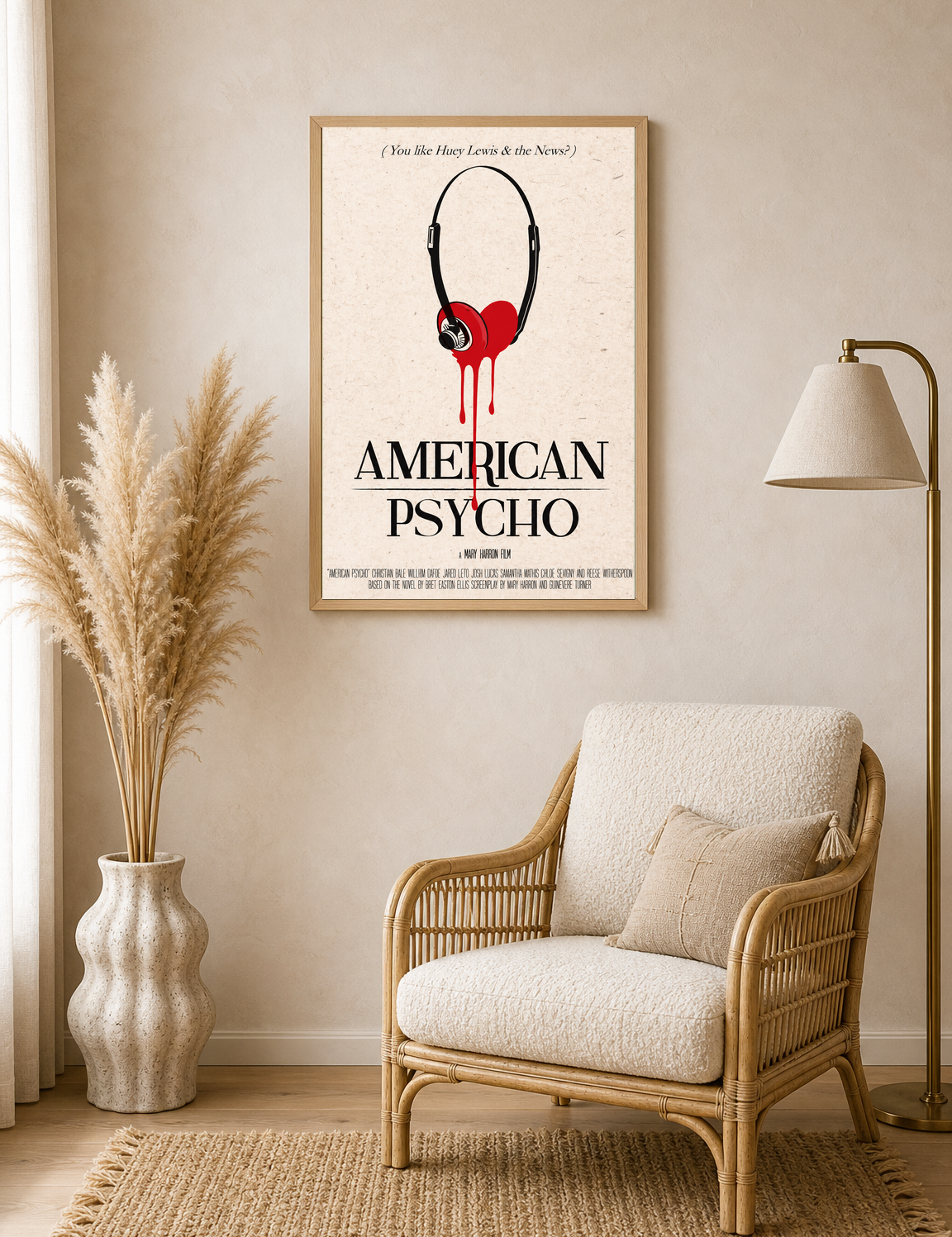American Psycho Headphones Heart Wall Art Print - wood framed poster