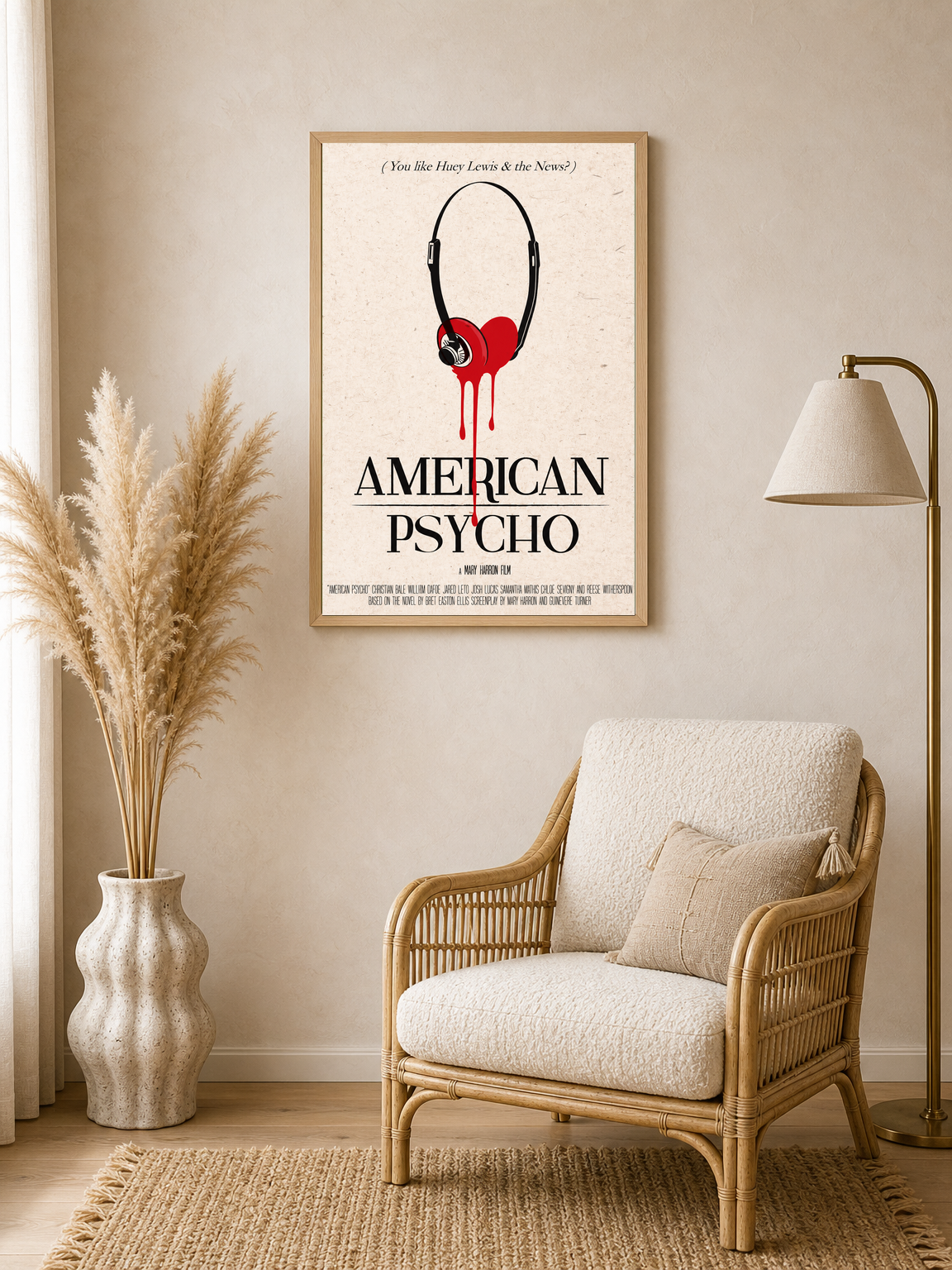 American Psycho Headphones Heart Wall Art Print - wood framed poster