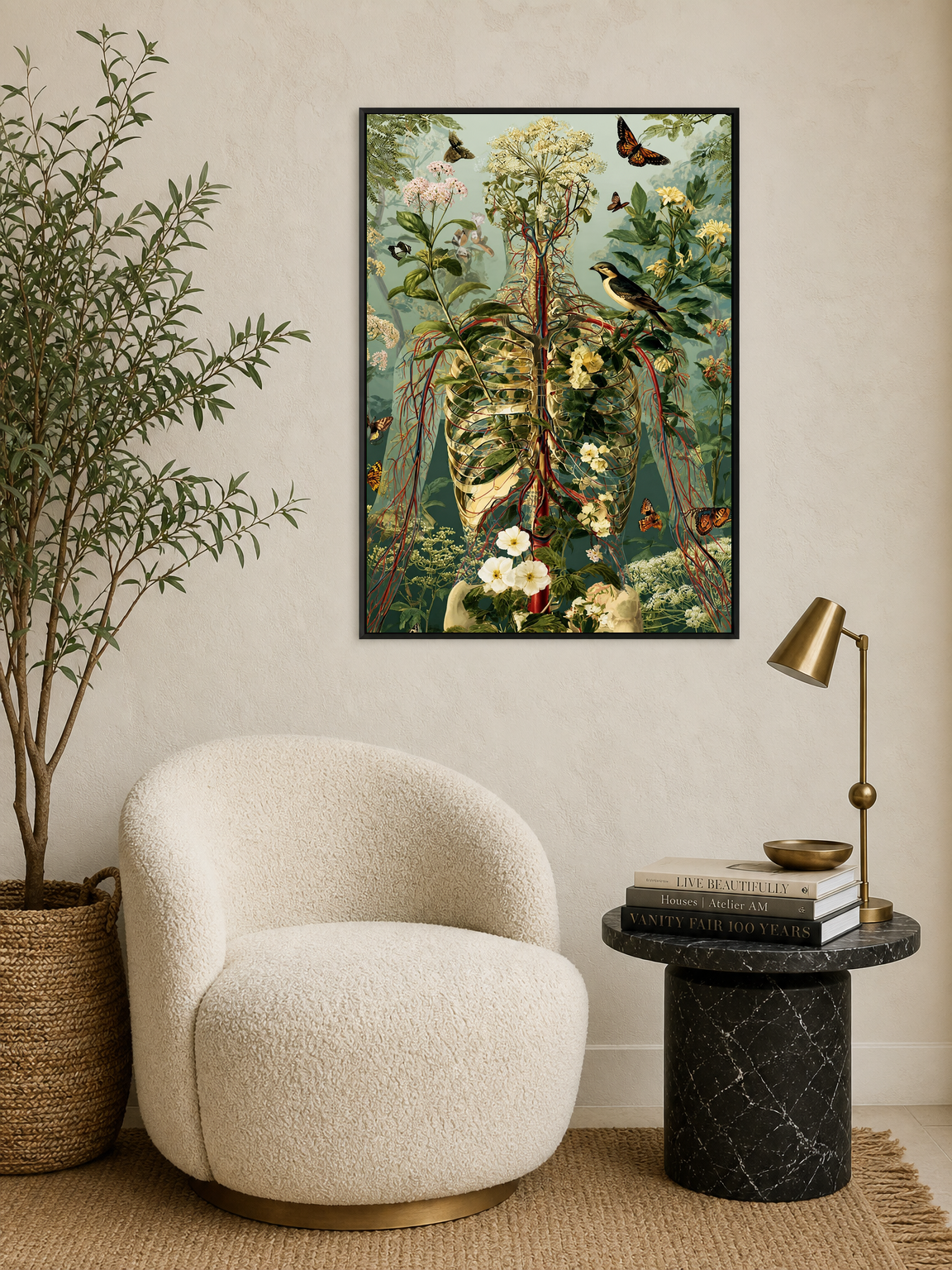 Botanical Anatomy Wall Art Print with Butterflies - black framed