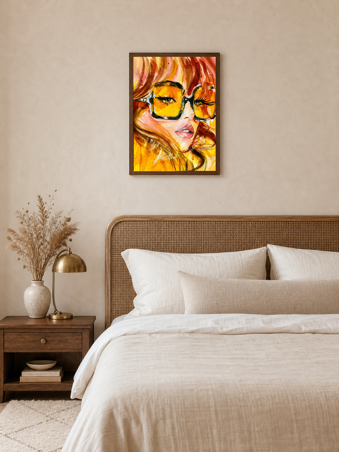 Retro Sunglasses Portrait Wall Art Print - dark wood framed