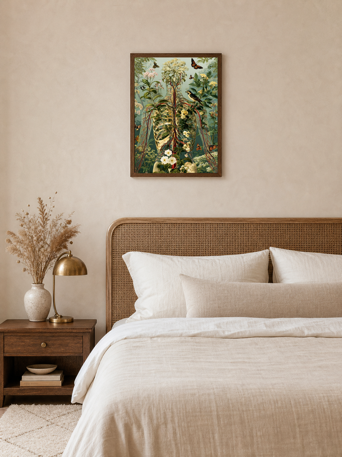 Botanical Anatomy Wall Art Print with Butterflies - dark wood framed