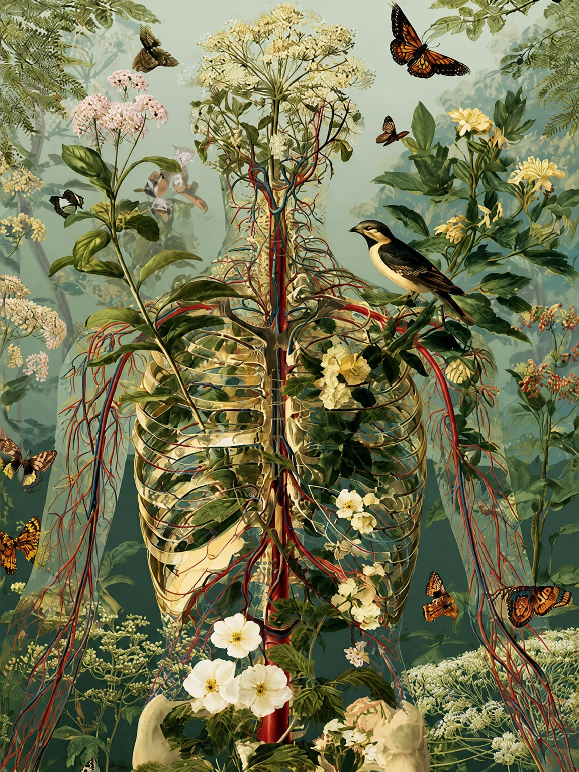 Botanical Anatomy Wall Art Print with Butterflies - unframed