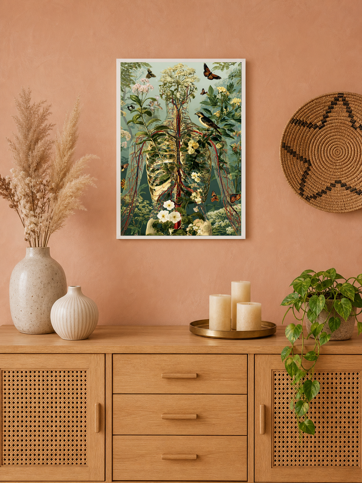 Botanical Anatomy Wall Art Print with Butterflies - white framed