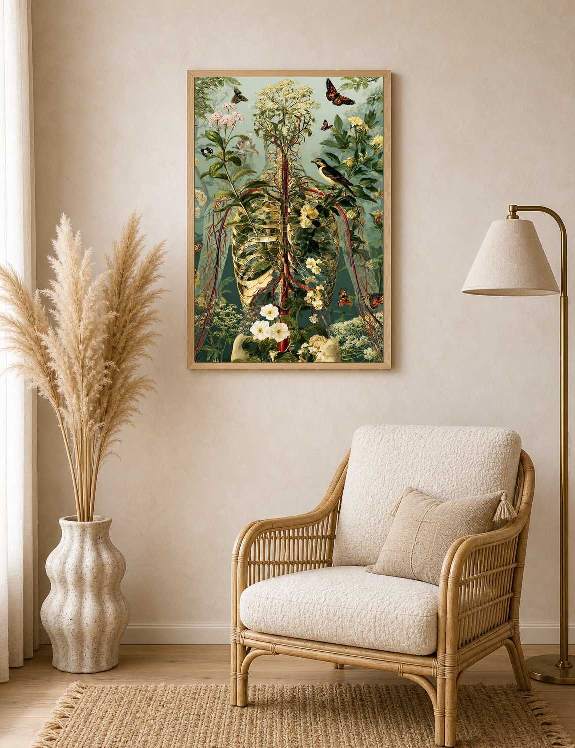 Botanical Anatomy Wall Art Print with Butterflies - wood framed poster