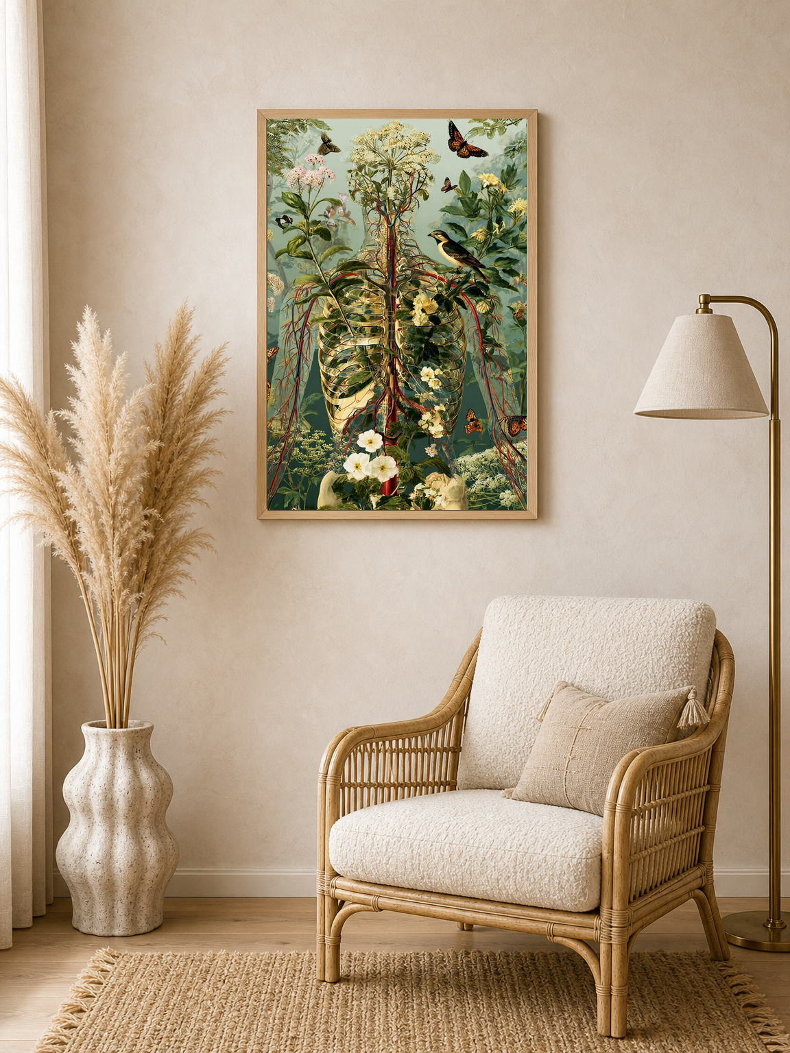 Botanical Anatomy Wall Art Print with Butterflies - wood framed poster