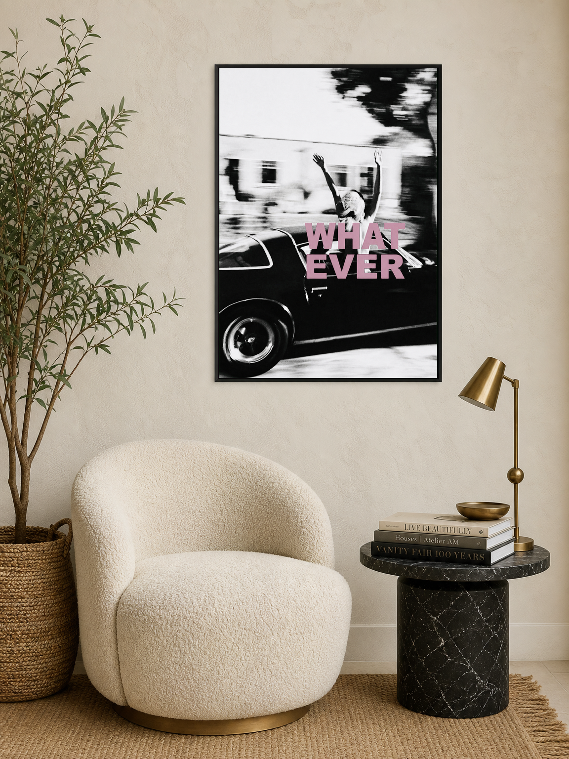 Whatever Retro Car Wall Art Print in Black & White - black framed