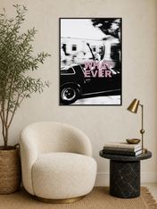 Whatever Retro Car Wall Art Print in Black & White - black framed