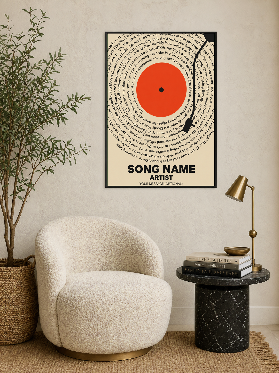 Custom Song Lyrics Vinyl Record Wall Art Print - black framed
