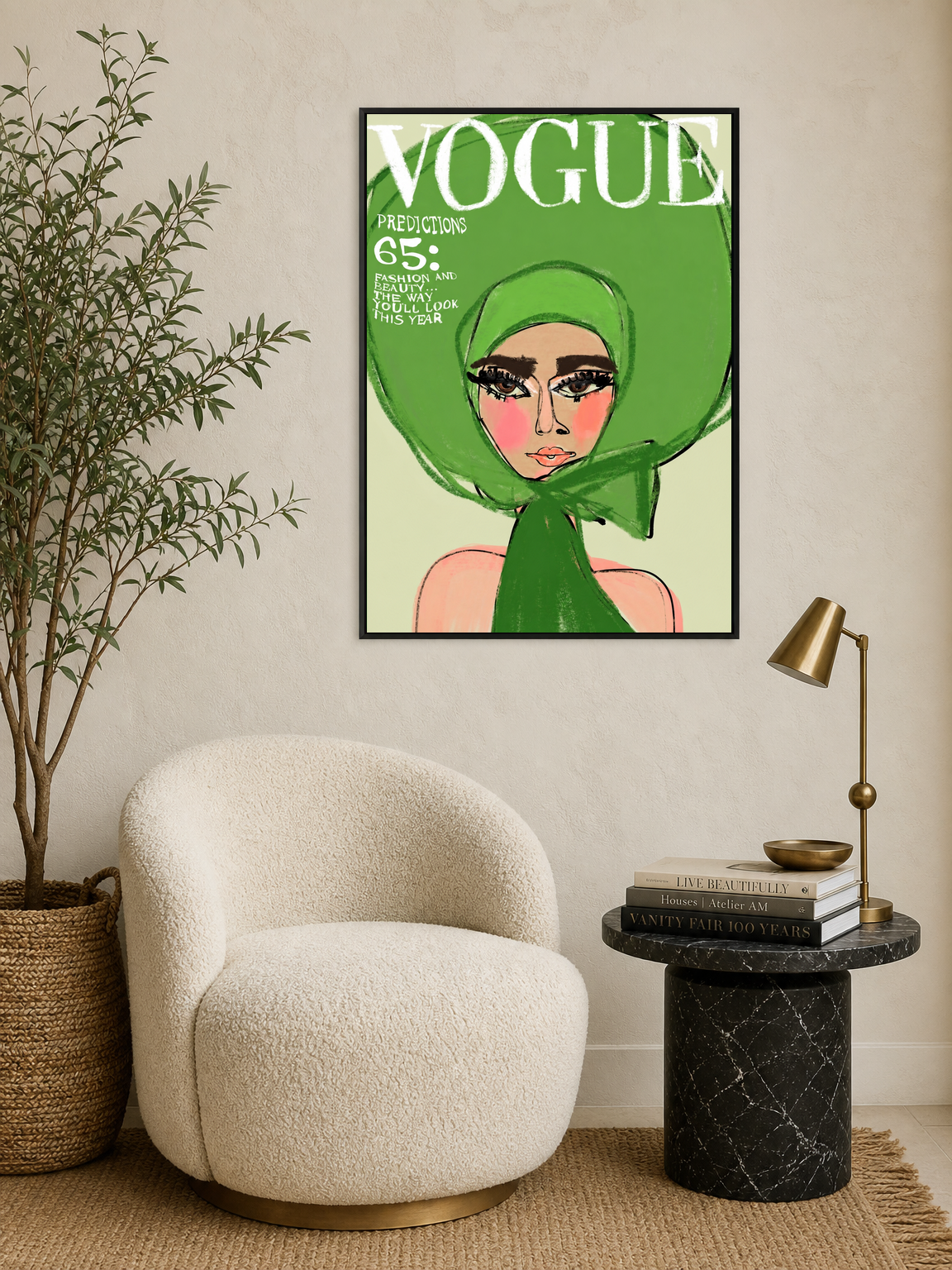 Green Vogue Fashion Illustration Wall Art Print - black framed