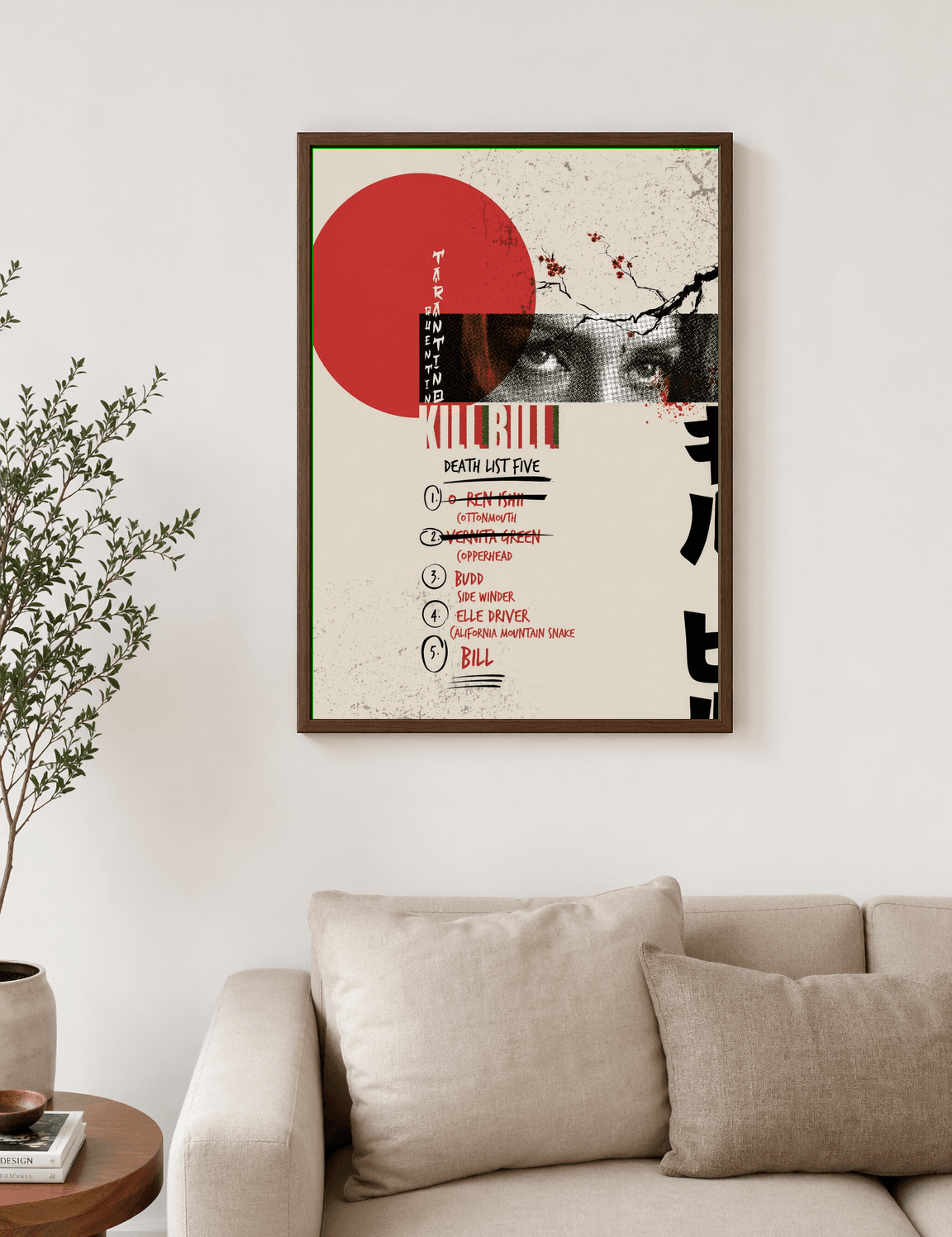 Kill Bill Death List Five Wall Art Print - dark wood framed