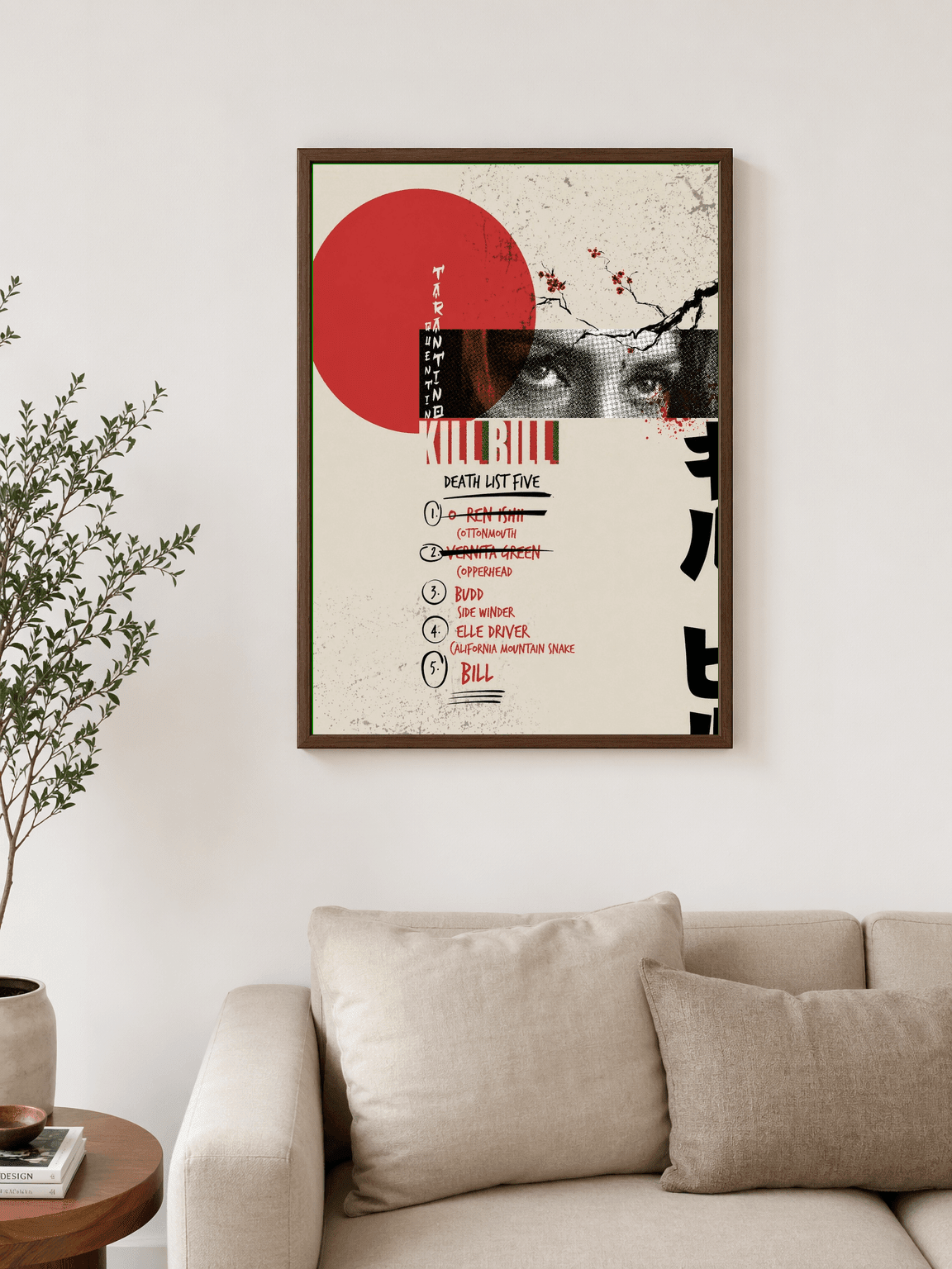 Kill Bill Death List Five Wall Art Print - dark wood framed
