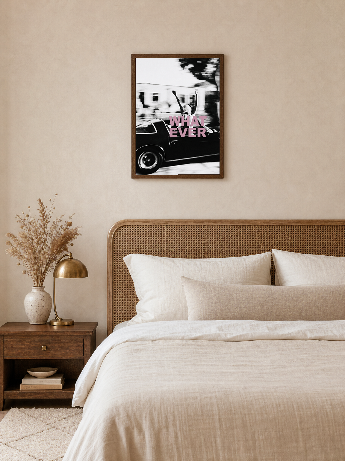 Whatever Retro Car Wall Art Print in Black & White - dark wood framed