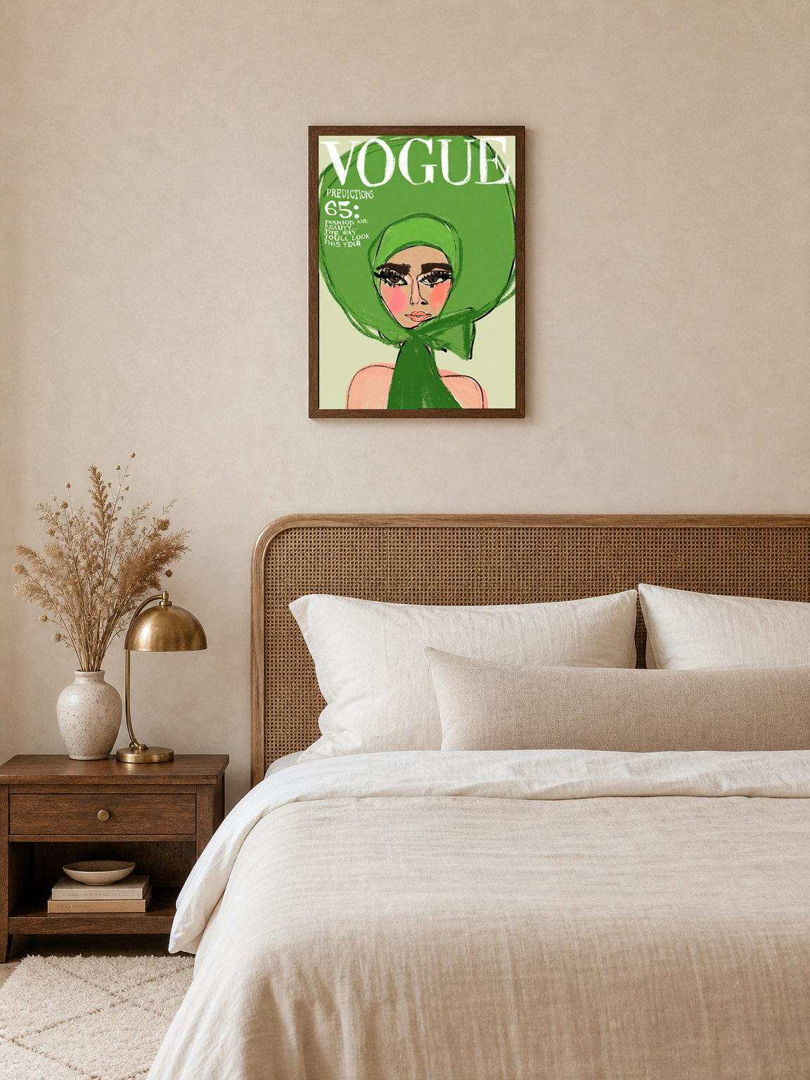 Green Vogue Fashion Illustration Wall Art Print - dark wood framed