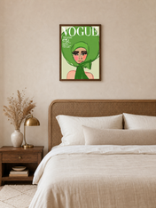 Green Vogue Fashion Illustration Wall Art Print - dark wood framed