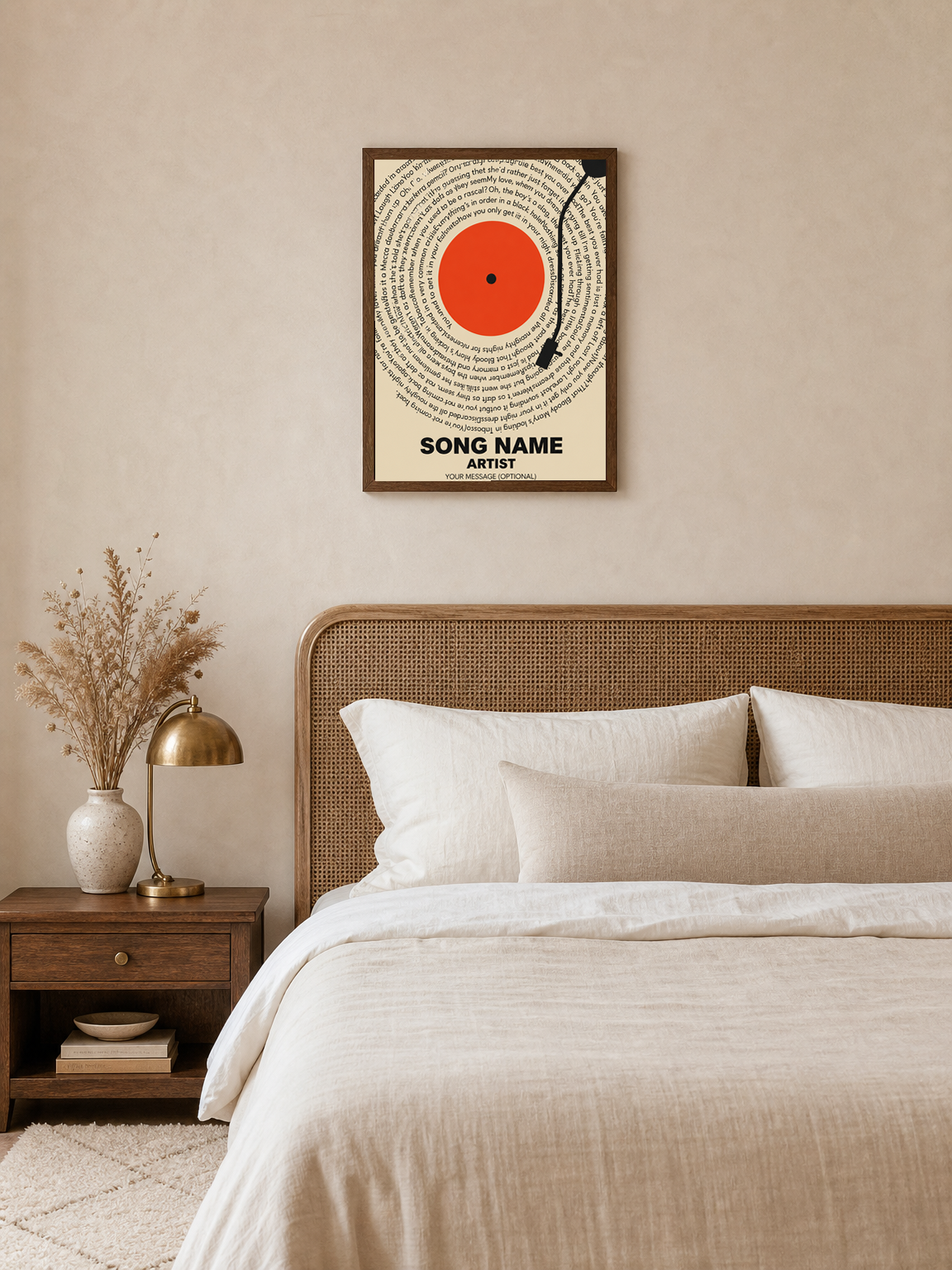 Custom Song Lyrics Vinyl Record Wall Art Print - dark wood framed