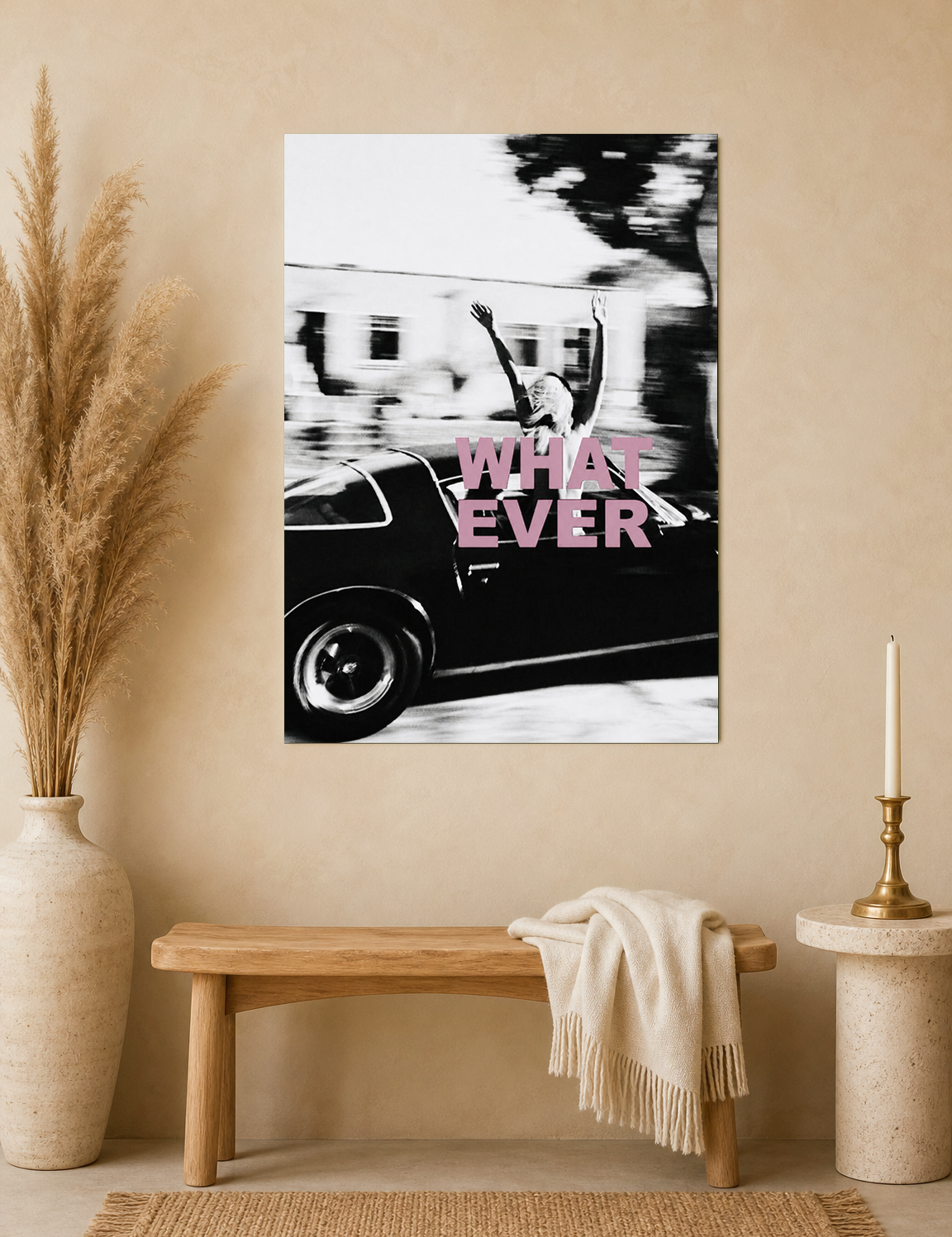 Whatever Retro Car Wall Art Print in Black & White - unframed mockup