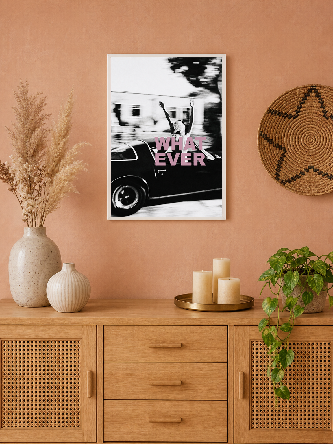 Whatever Retro Car Wall Art Print in Black & White - white framed