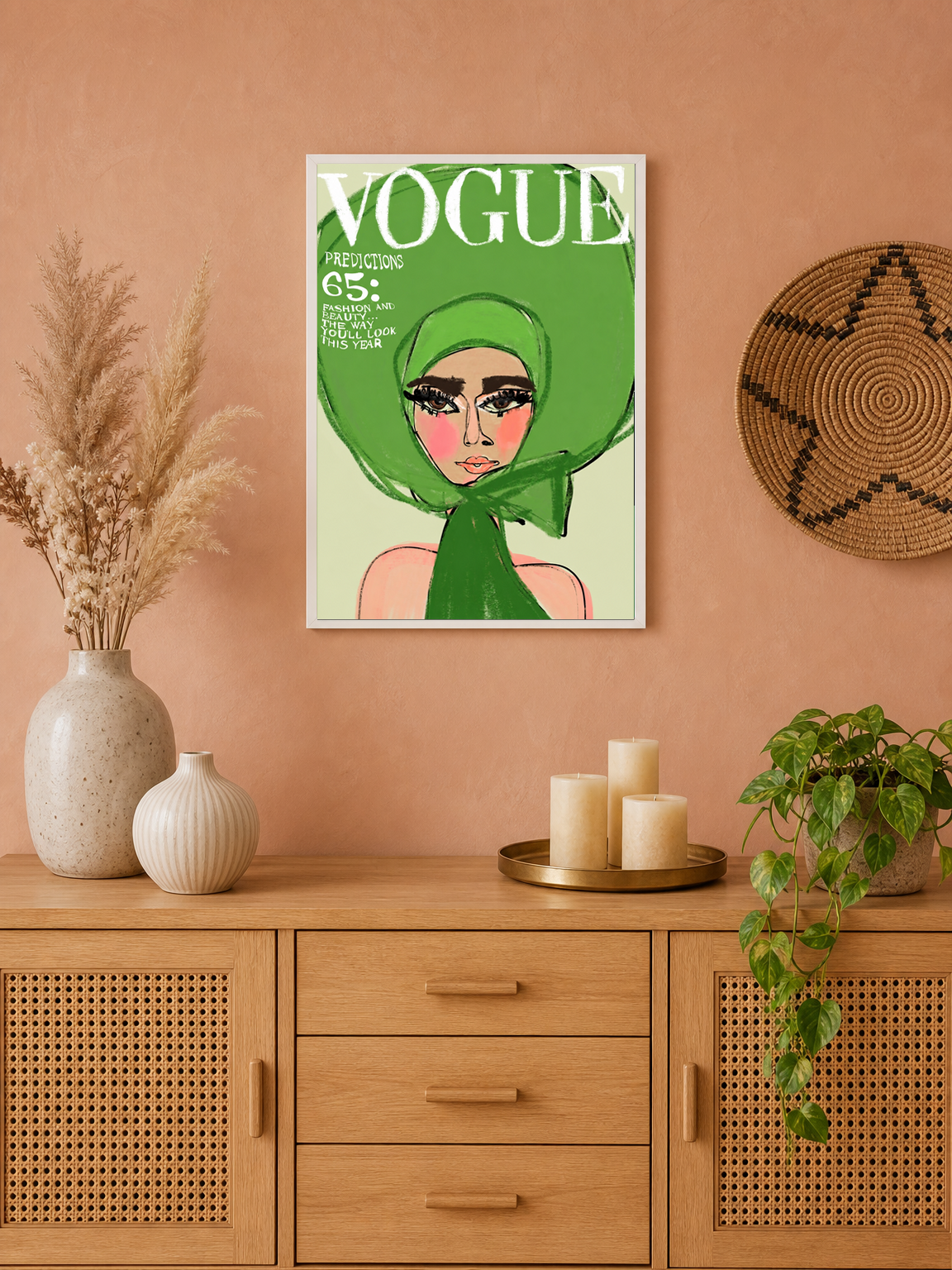 Green Vogue Fashion Illustration Wall Art Print - white framed