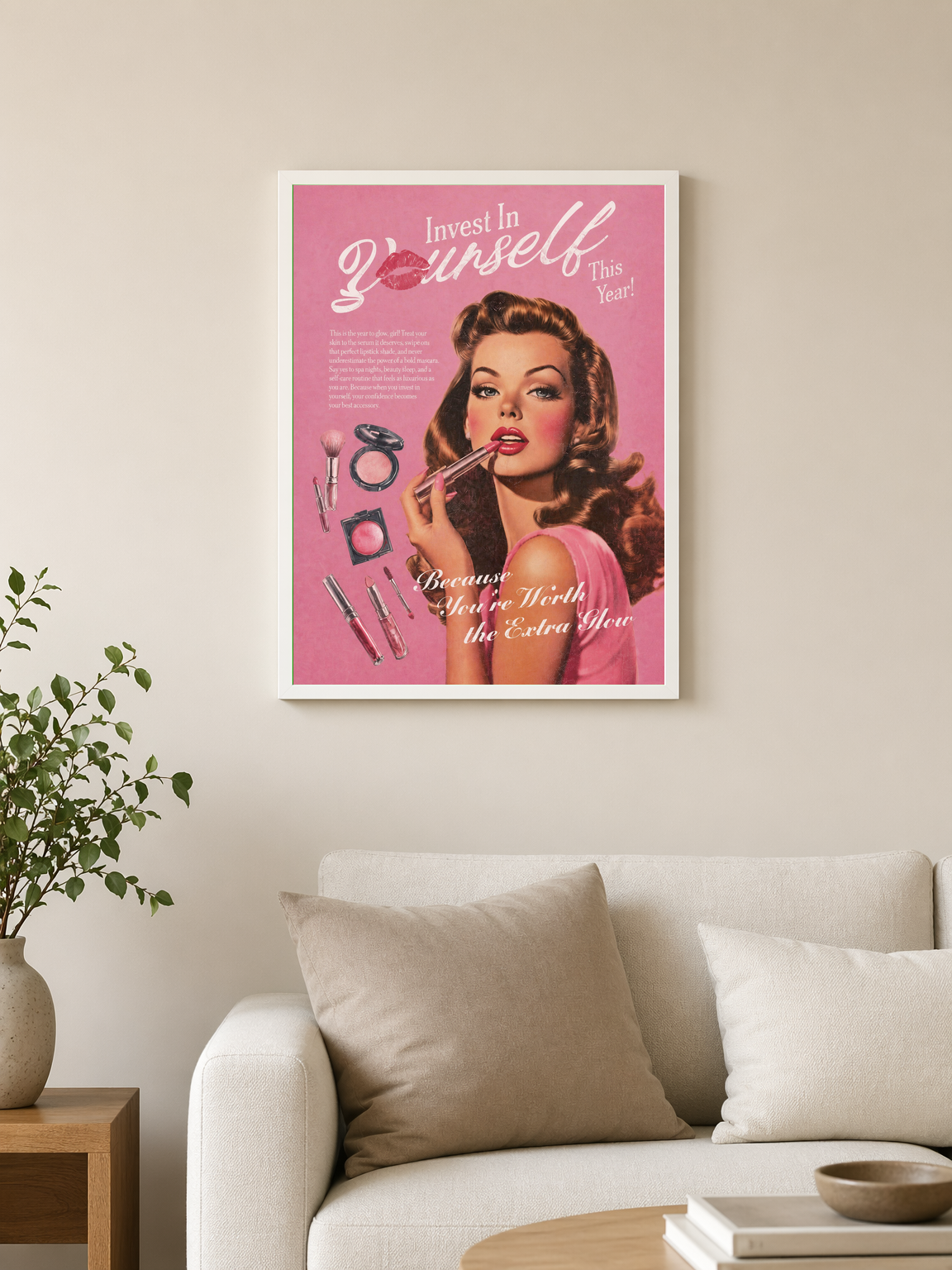 Invest In Yourself Retro Glam Wall Art Print - white framed