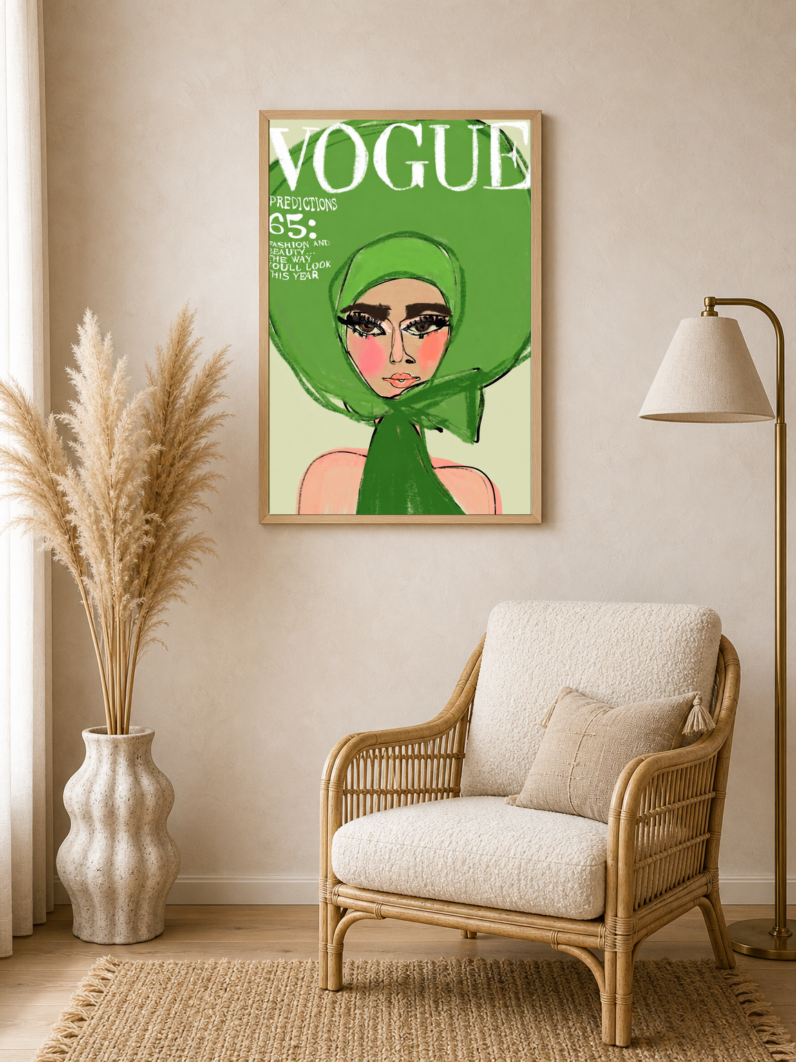 Green Vogue Fashion Illustration Wall Art Print - wood framed poster