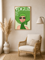 Green Vogue Fashion Illustration Wall Art Print - wood framed poster